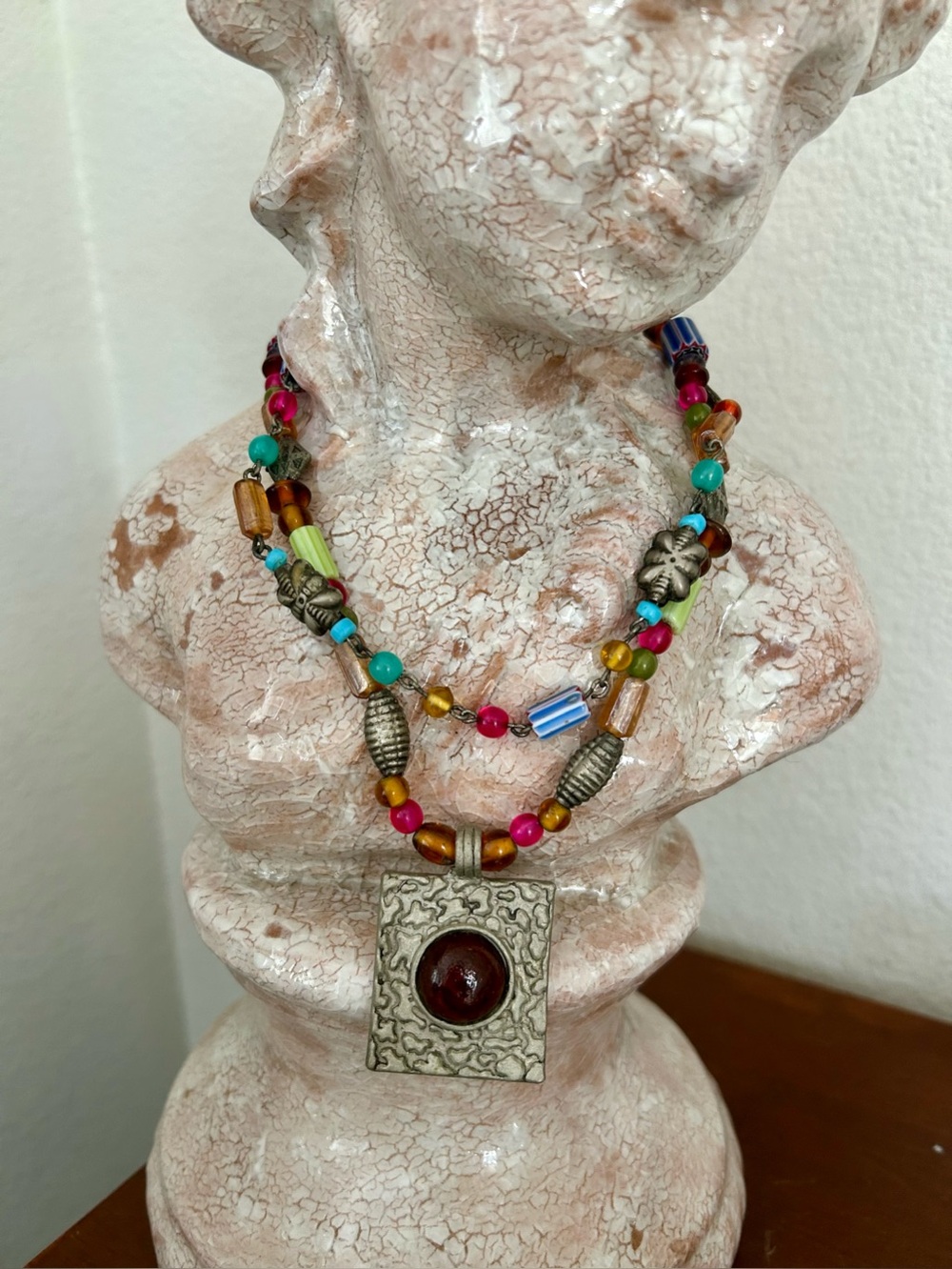 Bohemian Multicolor Art Statement Beaded Pendant Necklace 18”